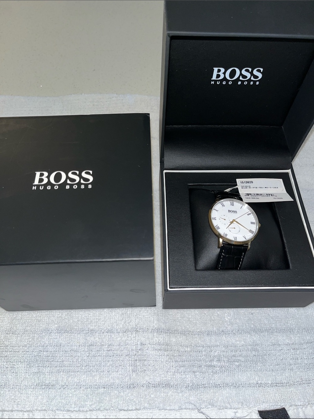 Hugo Boss Men's White Dial Gold Case Black Leather Strap Watch EUC